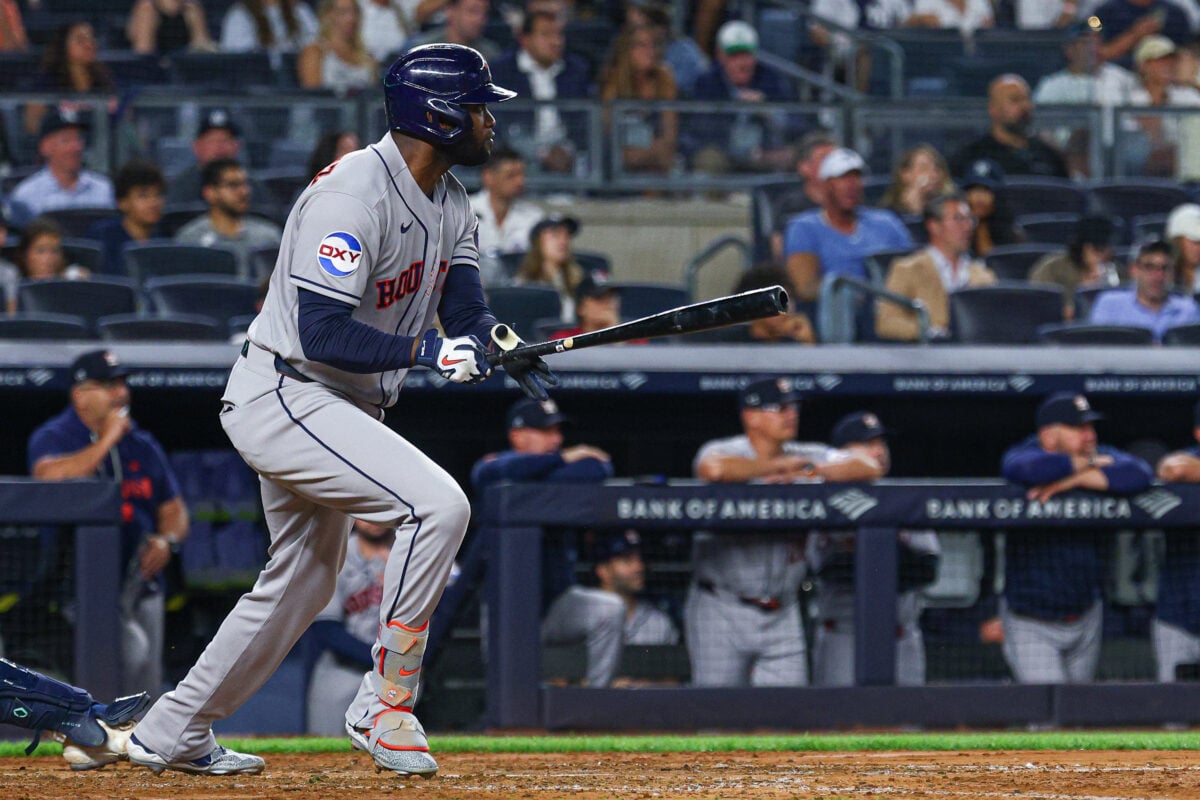 Aug 26, 2026; Bronx, New York, USA; Houston Astros designated hitter Yordan Alvarez (44) singles during the sixth inning against the New York Yankees at Yankee Stadium. Mandatory Credit: Vincent Carchietta-Imagn Images