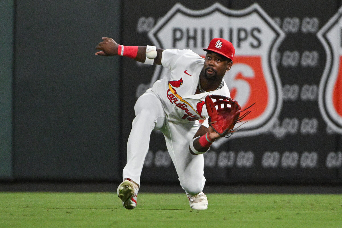 Aug 26, 2026; St. Louis, Missouri, USA; St. Louis Cardinals right fielder Jordan Walker (18) catches a line drive hit by Baltimore Orioles left fielder Dylan Beavers (not pictured) during the fourth inning at Busch Stadium. Mandatory Credit: Jeff Curry-Imagn Images