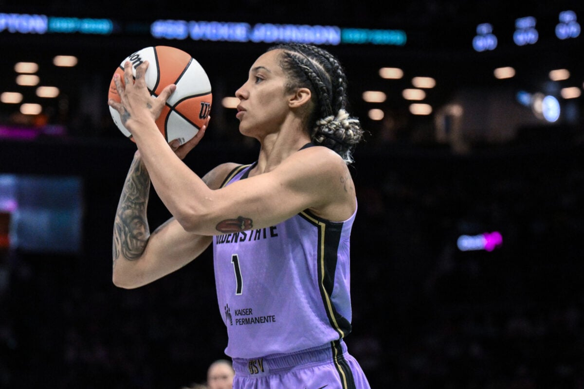 Aug 27, 2026; Brooklyn, New York, USA;  Golden State Valkyries forward Gabby Williams (1) shoots the ball against the New York Liberty during the first half at Barclays Center.  Mandatory Credit: John Jones-Imagn Images