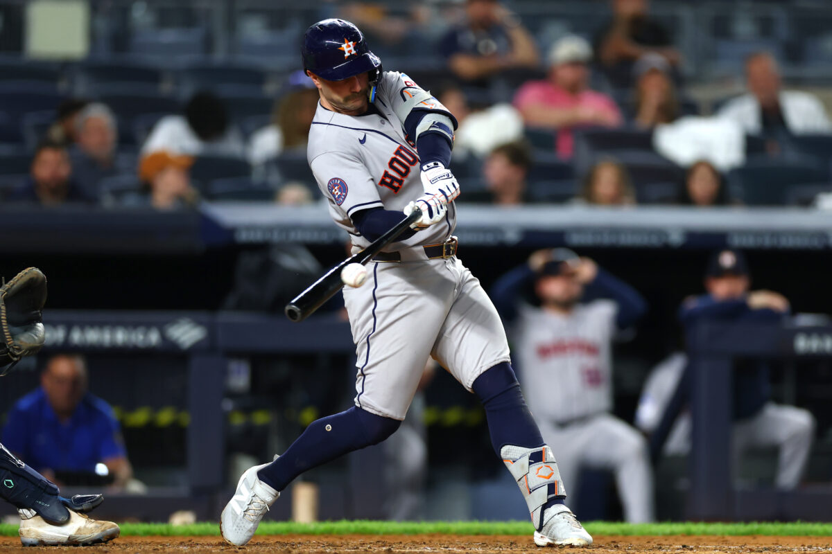 Aug 27, 2026; Bronx, New York, USA;  Houston Astros first baseman Christian Walker (8) hits a double in the eighth inning against the New York Yankees at Yankee Stadium.  Mandatory Credit: Vincent Carchietta-Imagn Images
