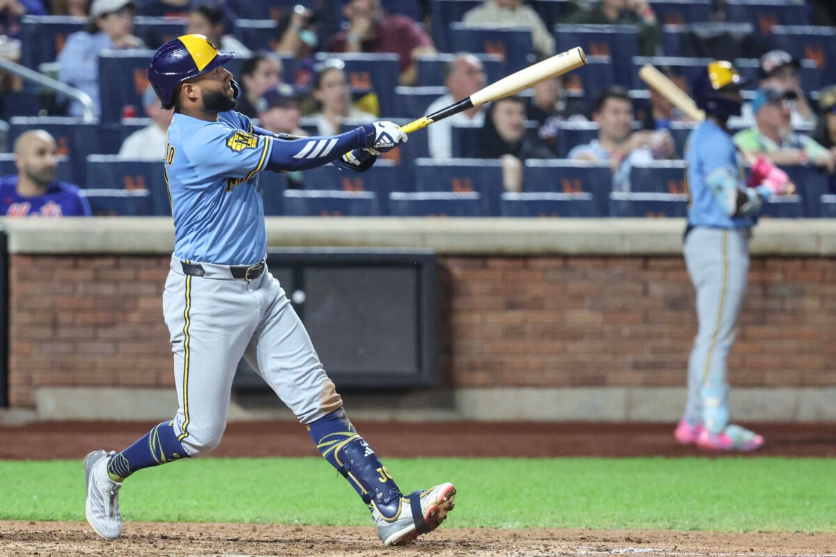 Aug 27, 2026; New York City, New York, USA;  Milwaukee Brewers left fielder Jackson Chourio (11) hits a two run home run in the eighth inning against the New York Mets at Citi Field.  Mandatory Credit: Wendell Cruz-Imagn Images