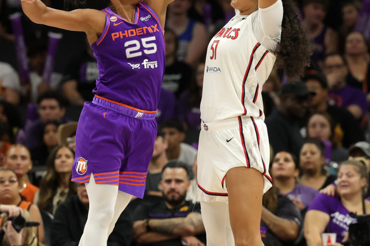 Aug 27, 2026; Phoenix, Arizona, USA; Phoenix Mercury forward Alyssa Thomas (25) defends against Washington Mystics center Lauren Betts (51) in the second half at Mortgage Matchup Center. Mandatory Credit: Mark J. Rebilas-Imagn Images