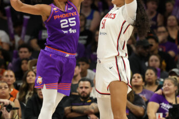 Aug 27, 2026; Phoenix, Arizona, USA; Phoenix Mercury forward Alyssa Thomas (25) defends against Washington Mystics center Lauren Betts (51) in the second half at Mortgage Matchup Center. Mandatory Credit: Mark J. Rebilas-Imagn Images