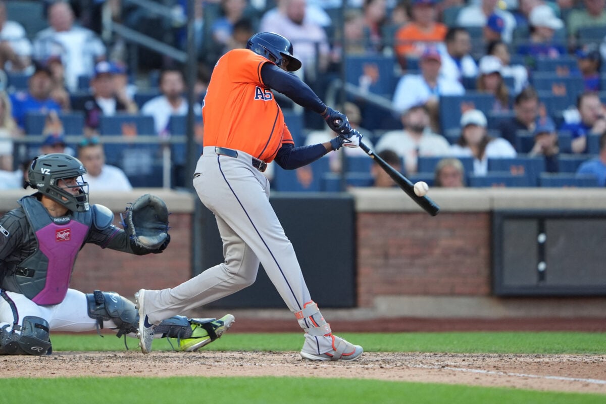 Aug 29, 2026; New York City, New York, USA;  Houston Astros left fielder Yordan Alvarez (44) hits a home run against the New York Mets during the eighth inning at Citi Field.  Mandatory Credit: Gregory Fisher-Imagn Images
