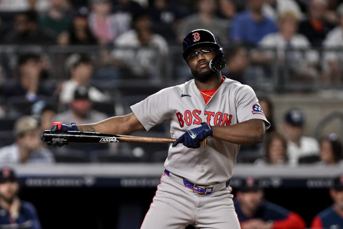 Aug 29, 2026; Bronx, New York, USA; Boston Red Sox shortstop Andruw Monasterio (32) reacts after striking out against the New York Yankees during the sixth inning at Yankee Stadium. Mandatory Credit: John Jones-Imagn Images