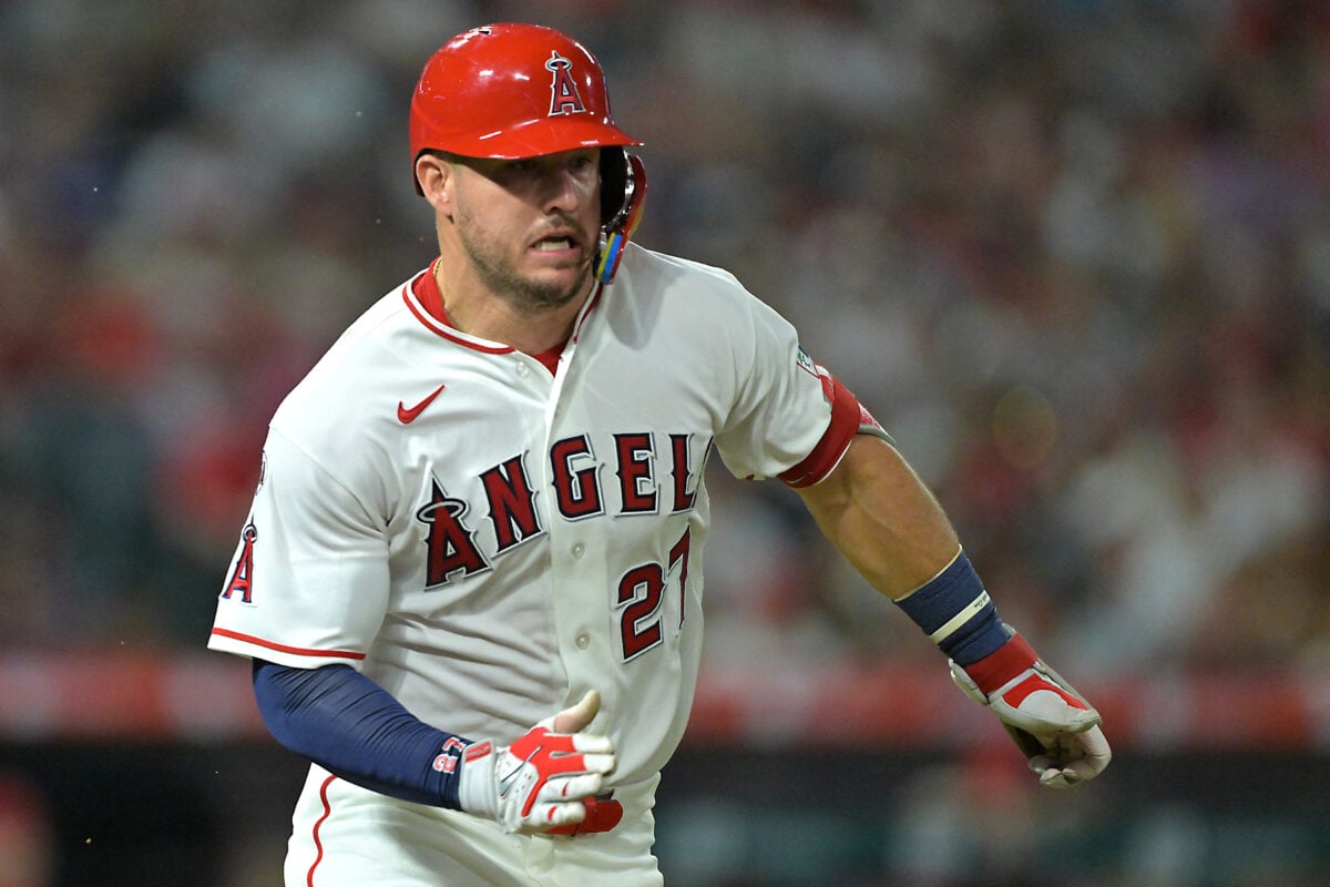 Aug 29, 2026; Anaheim, California, USA; Los Angeles Angels right fielder Mike Trout (27) runs to first on a ground out in the sixth inning against the Philadelphia Phillies at Angel Stadium. Mandatory Credit: Jayne Kamin-Oncea-Imagn Images