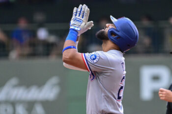 Aug 30, 2026; Milwaukee, Wisconsin, USA;  Texas Rangers center fielder Ezequiel Duran (20) reacts after hitting a double to drive in two runs in the fifth inning against the Milwaukee Brewers at American Family Field.  Mandatory Credit: Benny Sieu-Imagn Images