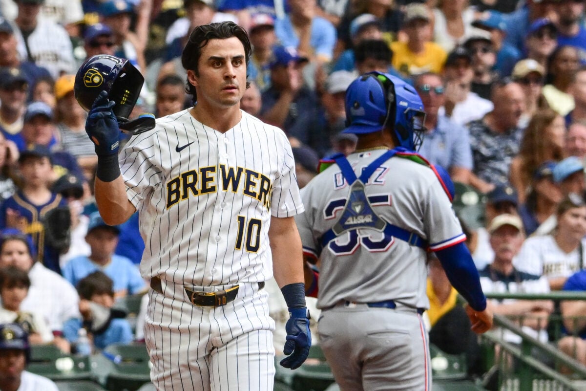 Aug 30, 2026; Milwaukee, Wisconsin, USA;  Milwaukee Brewers right fielder Sal Frelick (10) reacts after striking out in the fifth inning against the Texas Rangers at American Family Field.  Mandatory Credit: Benny Sieu-Imagn Images