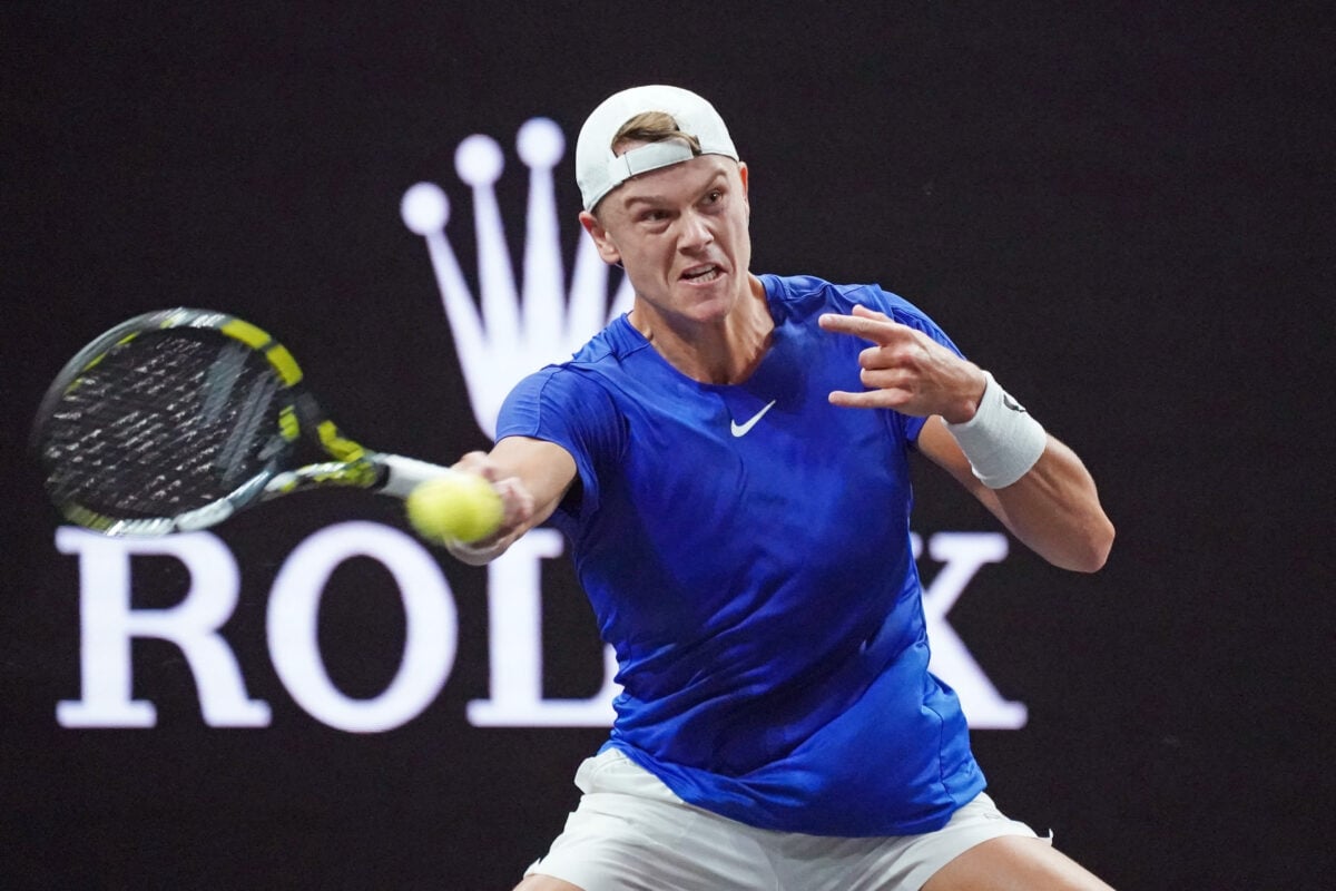 Sep 20, 2025; San Francisco, CA, USA; Team Europe player Holger Rune returns a ball from Team World player Francisco Cerundolo during the Laver Cup at Chase Center. Mandatory Credit: David Gonzales-Imagn Images