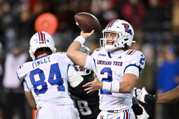 Nov 15, 2025; Pullman, Washington, USA; Louisiana Tech Bulldogs quarterback Trey Kukuk (2) throws a pass against the Washington State Cougars in the second half at Gesa Field at Martin Stadium. Mandatory Credit: James Snook-Imagn Images