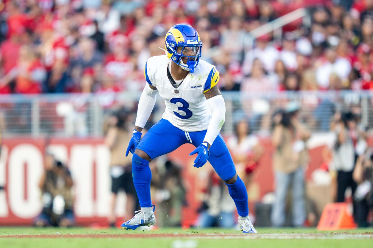 November 9, 2025; Santa Clara, California, USA; Los Angeles Rams safety Kam Curl (3) during the fourth quarter against the San Francisco 49ers at Levi's Stadium. Mandatory Credit: Kyle Terada-Imagn Images