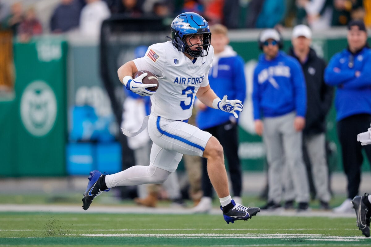 Nov 28, 2025; Fort Collins, Colorado, USA; Air Force Falcons wide receiver Matt Long (3) runs the ball on a reception in the fourth quarter against the Colorado State Rams at Sonny Lubick Field at Canvas Stadium. Mandatory Credit: Isaiah J. Downing-Imagn Images