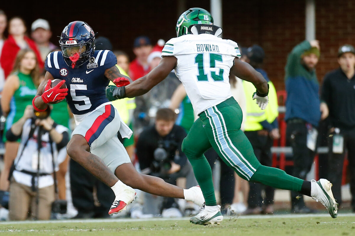 Dec 20, 2025; Oxford, MS, USA; Mississippi Rebels running back Kewan Lacy (5) runs the ball during the second quarter against the Tulane Green Wave at Vaught-Hemingway Stadium. Mandatory Credit: Petre Thomas-Imagn Images