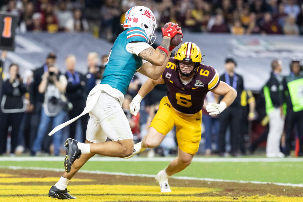 Dec 26, 2025; Phoenix, AZ, USA; New Mexico Lobos wide receiver Keagan Johnson (left) catches a pass for a two point conversion against Minnesota Golden Gophers linebacker Maverick Baranowski (6) during the Rate Bowl at Chase Field. Mandatory Credit: Mark J. Rebilas-Imagn Images