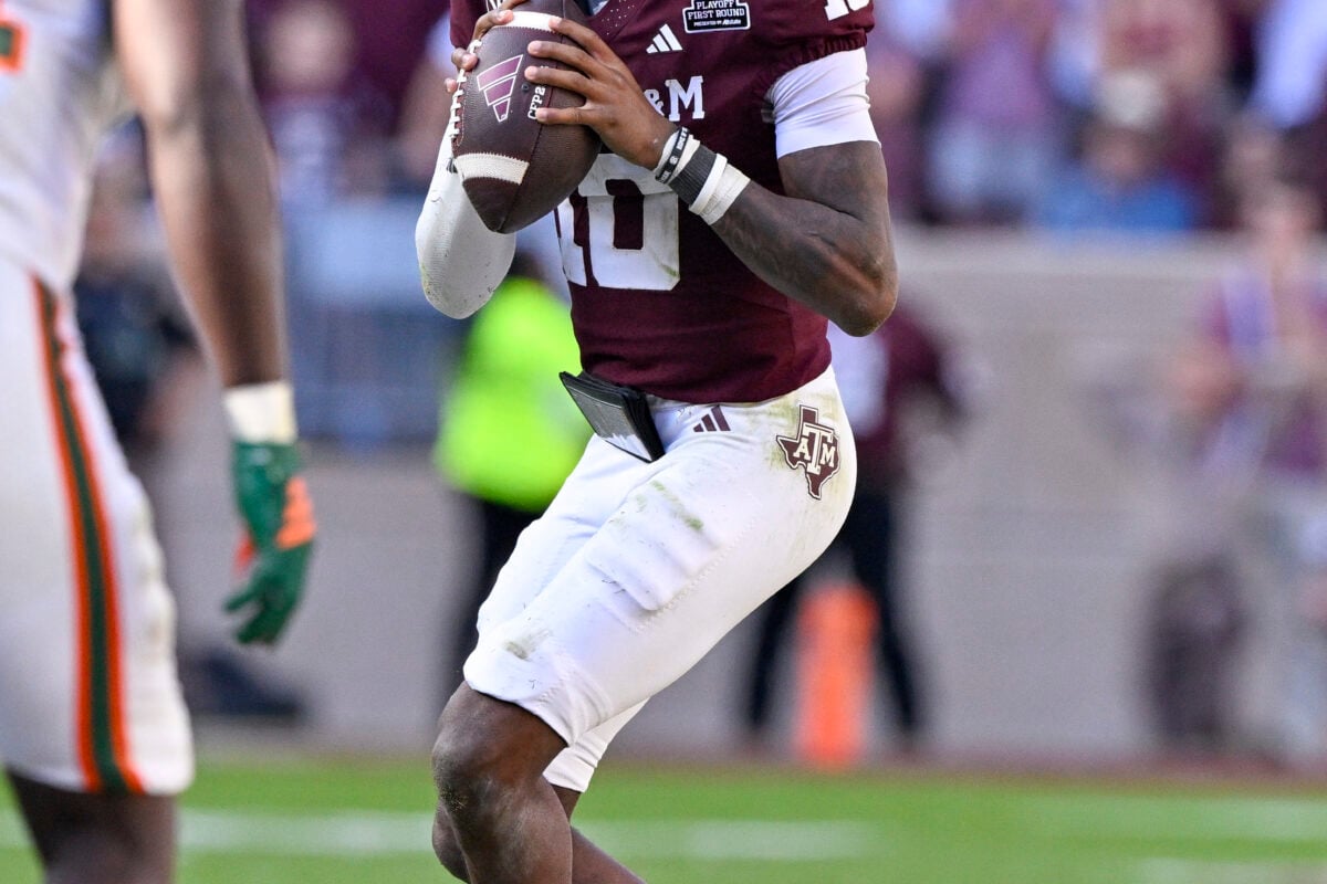 Dec 20, 2025; College Station, TX, USA; Texas A&M Aggies quarterback Marcel Reed (10) looks to throw the ball during the game between the Aggies and the Hurricanes at Kyle Field. Mandatory Credit: Jerome Miron-Imagn Images