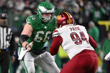 Jan 4, 2026; Philadelphia, Pennsylvania, USA; Philadelphia Eagles center Drew Kendall (66) blocks Washington Commanders defensive tackle Daron Payne (94) at Lincoln Financial Field. Mandatory Credit: Eric Hartline-Imagn Images