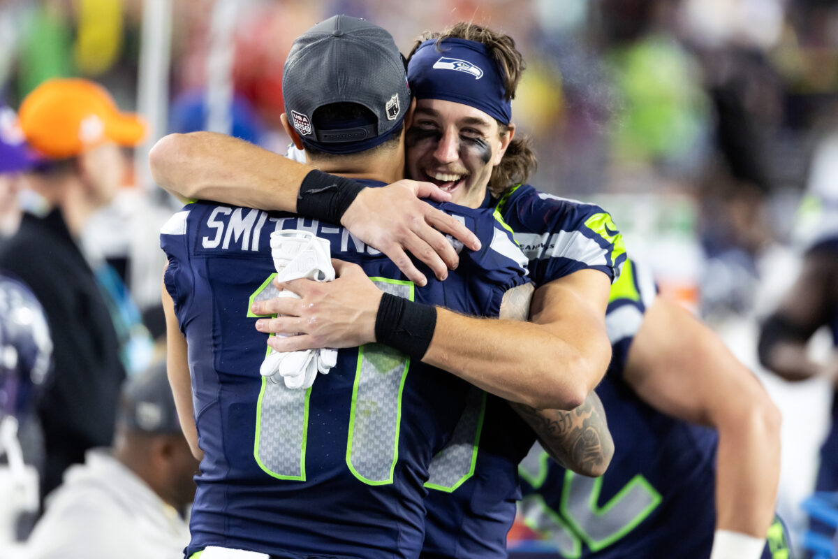 Feb 8, 2026; Santa Clara, CA, USA; Seattle Seahawks wide receiver Jake Bobo (19) celebrates with Jaxon Smith-Njigba (11) against the New England Patriots during Super Bowl LX at Levi's Stadium. Mandatory Credit: Mark J. Rebilas-Imagn Images
