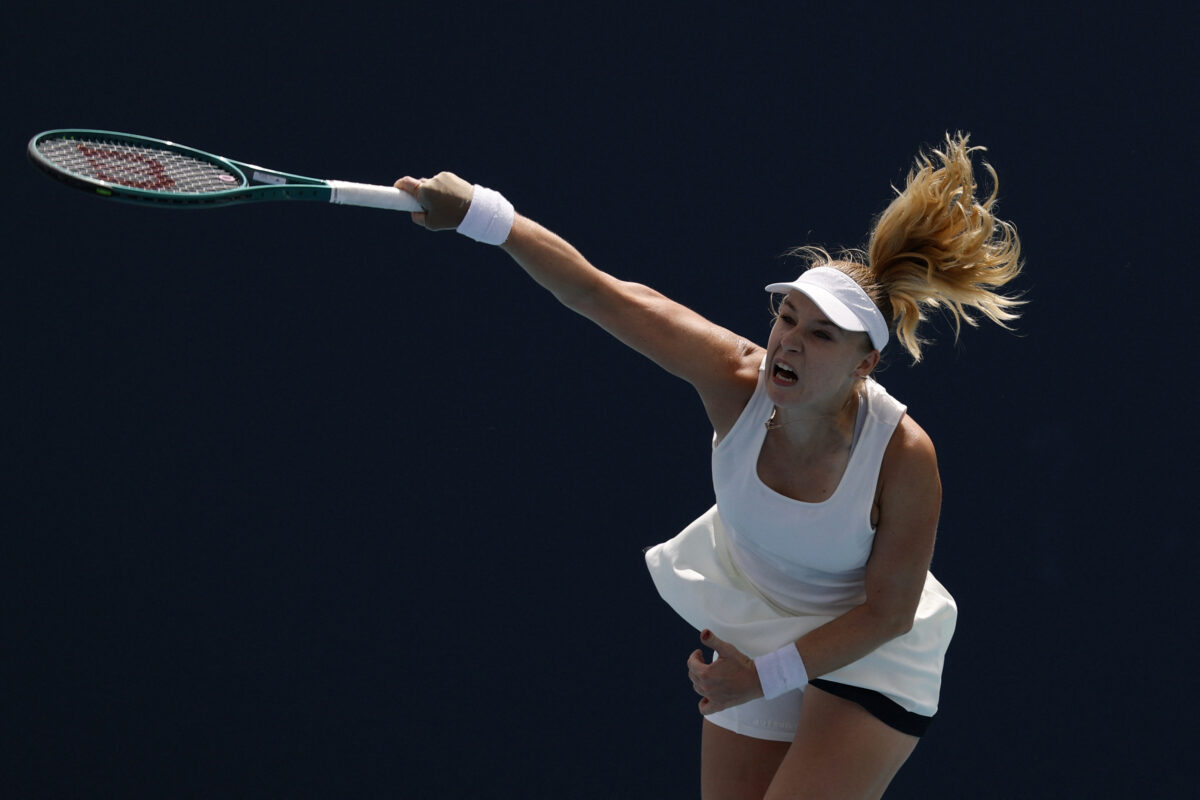 Mar 20, 2026; Miami Gardens, FL, USA; Anna Blinkova serves against Victoria Mboko (CAN) (not pictured) on day four of the 2026 Miami Open at Hard Rock Stadium. Mandatory Credit: Geoff Burke-Imagn Images