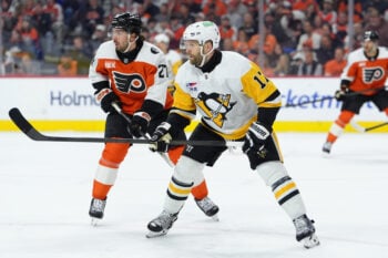 Apr 29, 2026; Philadelphia, Pennsylvania, USA; Pittsburgh Penguins right wing Bryan Rust (17) skates against Philadelphia Flyers left wing Noah Cates (27) in the second period in game six of the first round of the 2026 Stanley Cup Playoffs at Xfinity Mobile Arena. Mandatory Credit: Kyle Ross-Imagn Images
