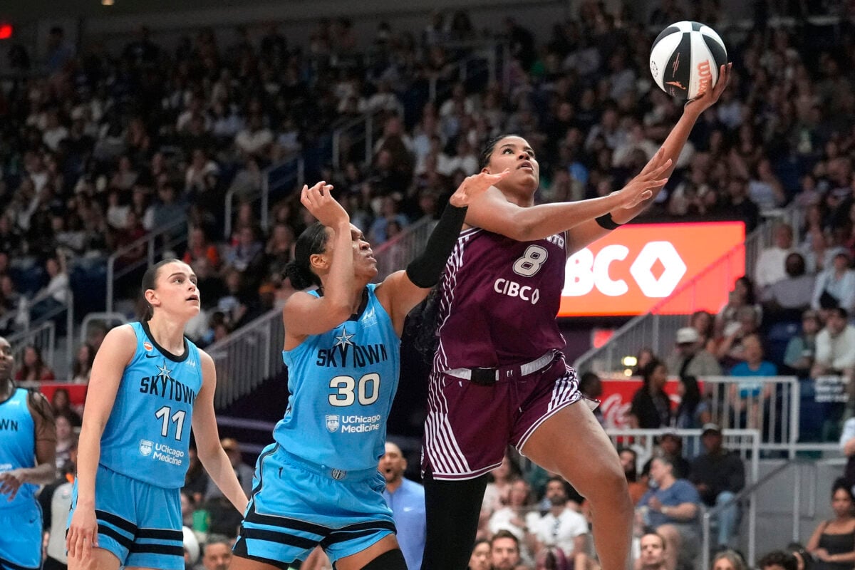 Jun 7, 2026; Toronto, Ontario, CAN; Toronto Tempo center Nyara Sabally (8) goes up to make a basket against Chicago Sky forward Azura Stevens (30) during the first half at Coca-Cola Coliseum. Mandatory Credit: John E. Sokolowski-Imagn Images