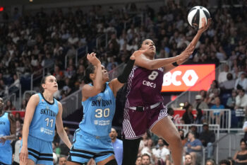Jun 7, 2026; Toronto, Ontario, CAN; Toronto Tempo center Nyara Sabally (8) goes up to make a basket against Chicago Sky forward Azura Stevens (30) during the first half at Coca-Cola Coliseum. Mandatory Credit: John E. Sokolowski-Imagn Images