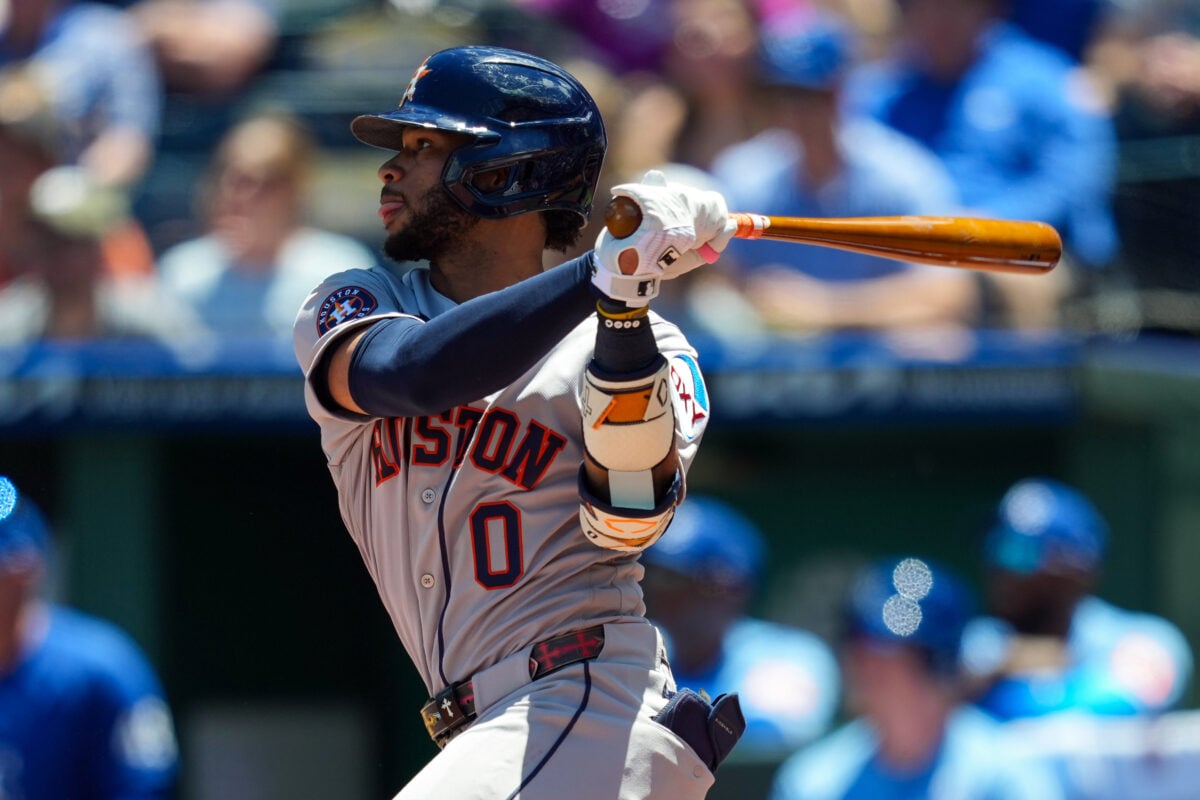 Jun 14, 2026; Kansas City, Missouri, USA; Houston Astros second baseman Brice Matthews (0) hits a double during the third inning against the Kansas City Royals at Kauffman Stadium. Mandatory Credit: Jay Biggerstaff-Imagn Images