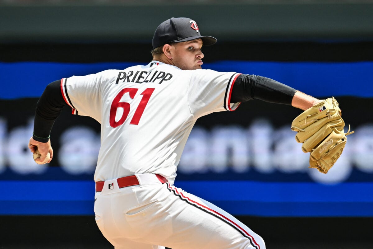 Jun 28, 2026; Minneapolis, Minnesota, USA;  Minnesota Twins pitcher Connor Prielipp (61) throws a pitch against the Colorado Rockies during the fourth inning at Target Field. Mandatory Credit: Jeffrey Becker-Imagn Images