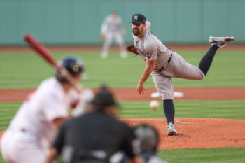 Jun 28, 2026; Boston, Massachusetts, USA; New York Yankees starting pitcher Carlos Rodon (55) delivers a pitch during the first inning against the Boston Red Sox at Fenway Park. Mandatory Credit: Paul Rutherford-Imagn Images