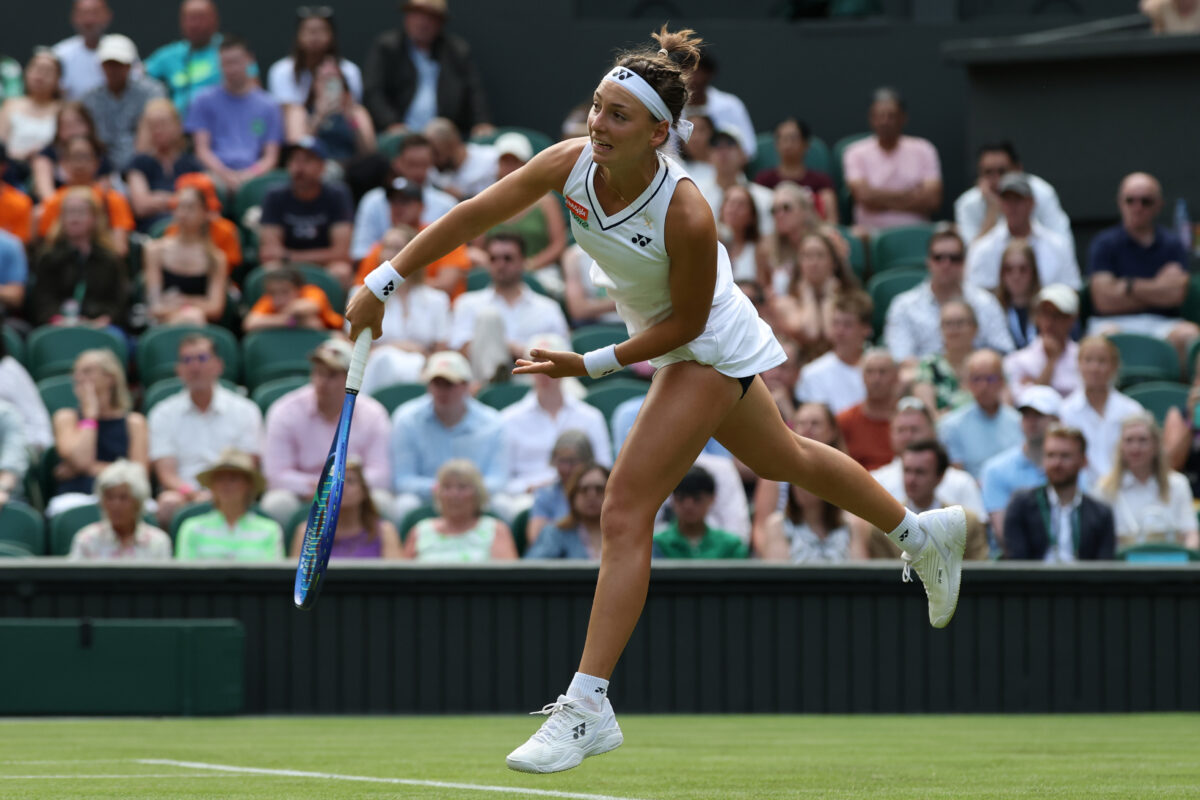 Jun 29, 2026; London, United Kingdom; Teodora Kostovic (SRB) serves against Aryna Sabalenka (not pictured) on day one of The Championships Wimbledon 2026 at All England Lawn Tennis and Croquet Club. Mandatory Credit: Geoff Burke-Imagn Images