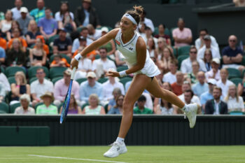 Jun 29, 2026; London, United Kingdom; Teodora Kostovic (SRB) serves against Aryna Sabalenka (not pictured) on day one of The Championships Wimbledon 2026  at All England Lawn Tennis and Croquet Club. Mandatory Credit: Geoff Burke-Imagn Images