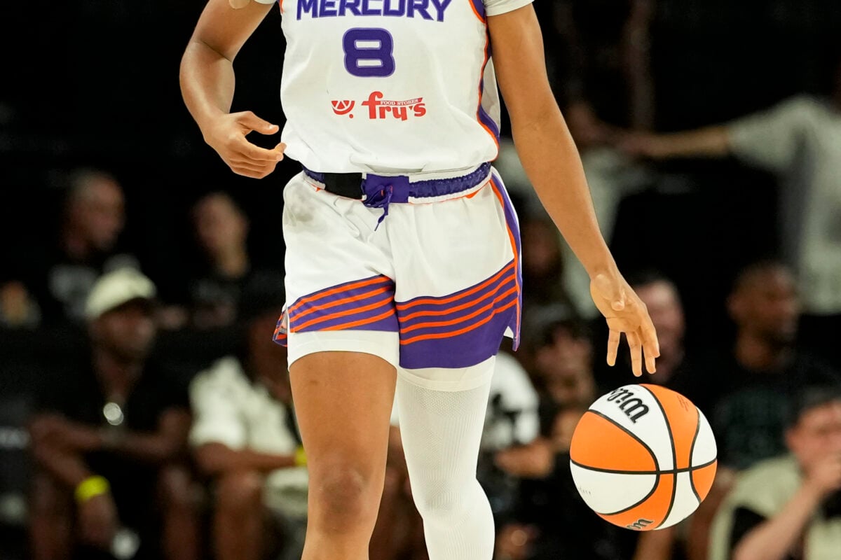 Jul 11, 2026; Las Vegas, Nevada, USA; Phoenix Mercury guard Monique Akoa Makani (8) dribbles the ball against the Las Vegas Aces during the fourth quarter of a WNBA basketball game at Michelob Ultra Arena. Mandatory Credit: Lucas Peltier-Imagn Images
