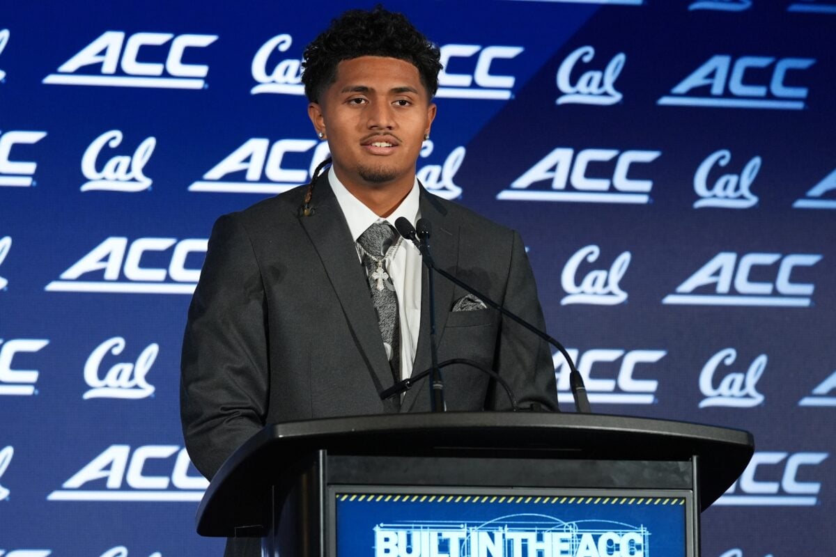 Jul 17, 2026; Charlotte, NC, USA; California's quarterback Jaron-Keawe Sagapolutele talks with the media during interviews at Hilton Charlotte Uptown. Mandatory Credit: Jim Dedmon-Imagn Images