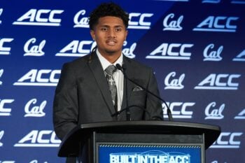 Jul 17, 2026; Charlotte, NC, USA; California's quarterback Jaron-Keawe Sagapolutele talks with the media during interviews at Hilton Charlotte Uptown. Mandatory Credit: Jim Dedmon-Imagn Images