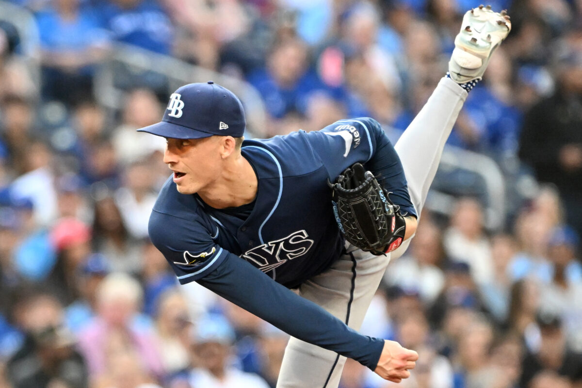 Jul 22, 2026; Toronto, Ontario, CAN; Tampa Bay Rays starting pitcher Griffin Jax (22) delivers a pitch against the Toronto Blue Jays in the first inning at Rogers Centre. Mandatory Credit: Dan Hamilton-Imagn Images