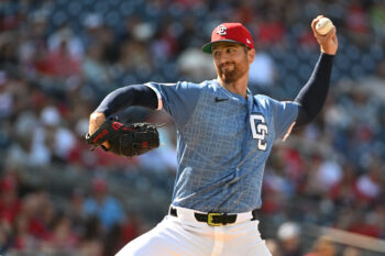 Jul 25, 2026; Washington, District of Columbia, USA; Washington Nationals pitcher Foster Griffin (22) throws to the Arizona Diamondbacks during the second inning at Nationals Park. Mandatory Credit: Brad Mills-Imagn Images