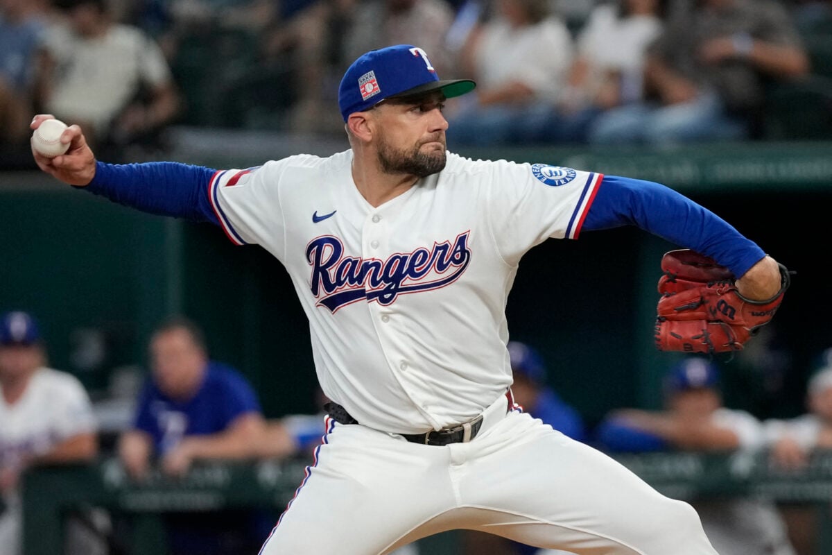 Jul 25, 2026; Arlington, Texas, USA; Texas Rangers pitcher Nathan Eovaldi (17) delivers a pitch to the Seattle Mariners during the first inning at Globe Life Field. Mandatory Credit: Jim Cowsert-Imagn Images