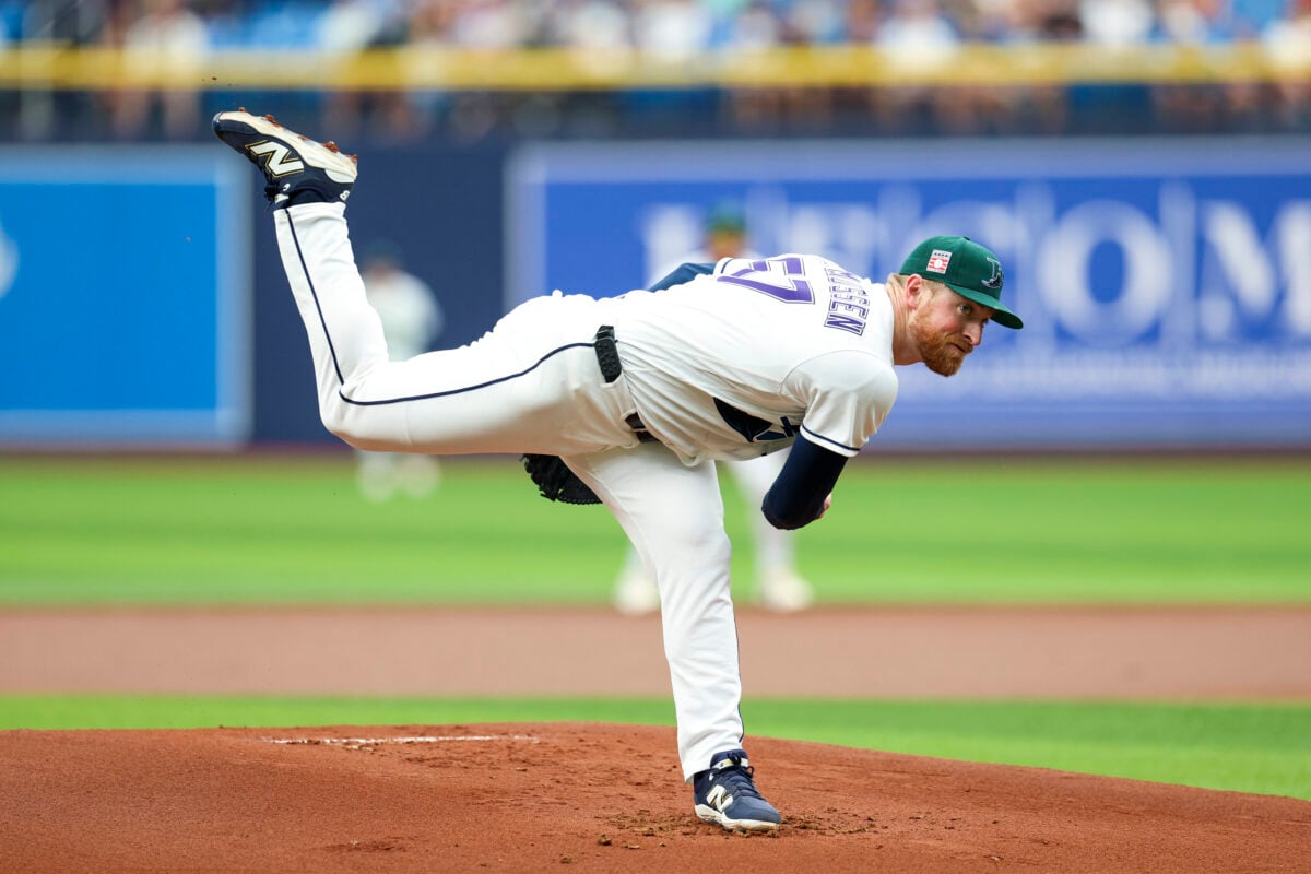 Jul 26, 2026; St. Petersburg, Florida, USA; Tampa Bay Rays starting pitcher Drew Rasmussen (57) throws a pitch against the Cleveland Guardians in the first inning at Tropicana Field. Mandatory Credit: Nathan Ray Seebeck-Imagn Images