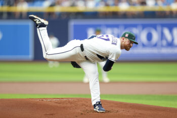 Jul 26, 2026; St. Petersburg, Florida, USA; Tampa Bay Rays starting pitcher Drew Rasmussen (57) throws a pitch against the Cleveland Guardians in the first inning at Tropicana Field. Mandatory Credit: Nathan Ray Seebeck-Imagn Images