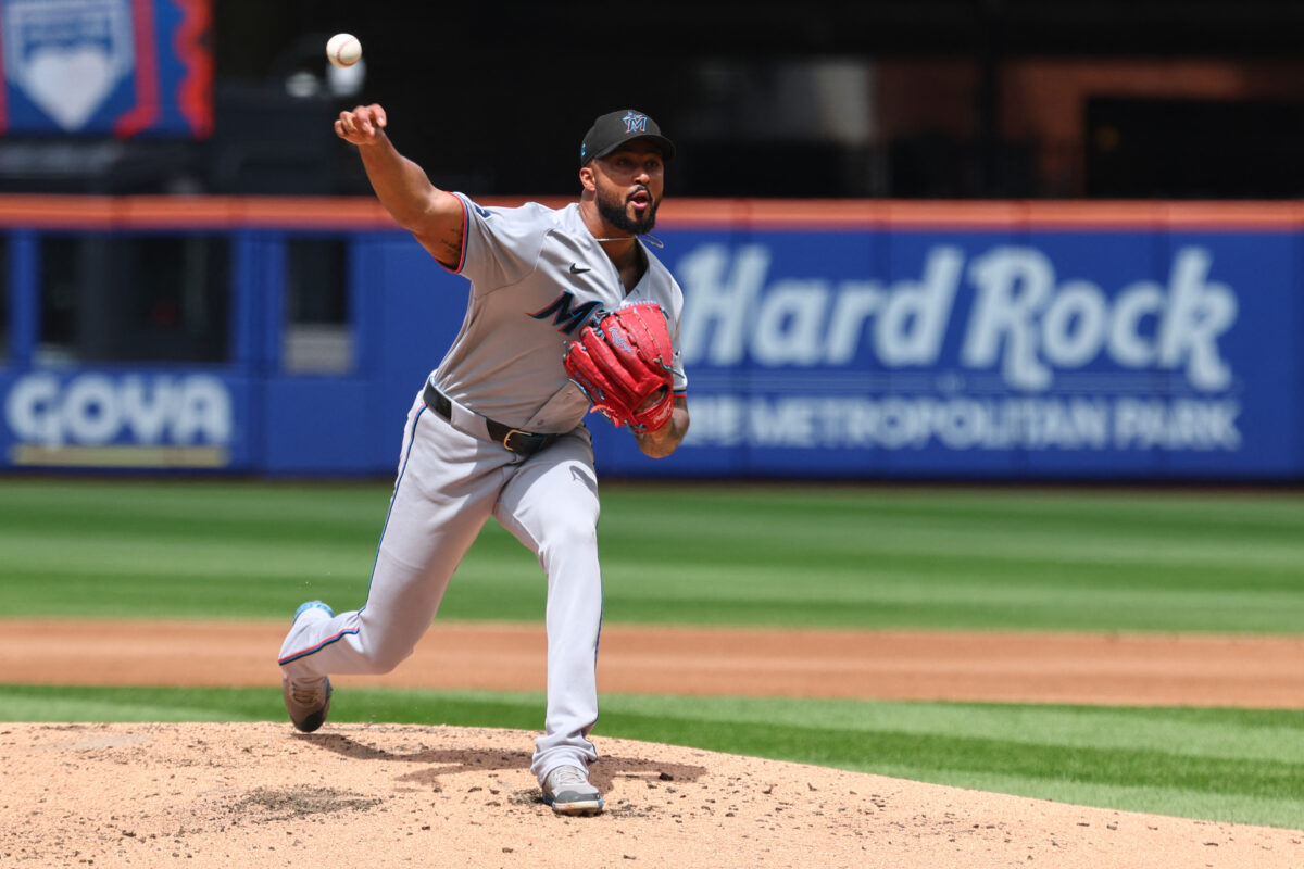Aug 2, 2026; New York City, New York, USA;  Miami Marlins pitcher Sandy Alcantara (22) delivers a pitch during the third inning against the New York Mets at Citi Field. Mandatory Credit: Vincent Carchietta-Imagn Images