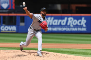 Aug 2, 2026; New York City, New York, USA;  Miami Marlins pitcher Sandy Alcantara (22) delivers a pitch during the third inning against the New York Mets at Citi Field. Mandatory Credit: Vincent Carchietta-Imagn Images
