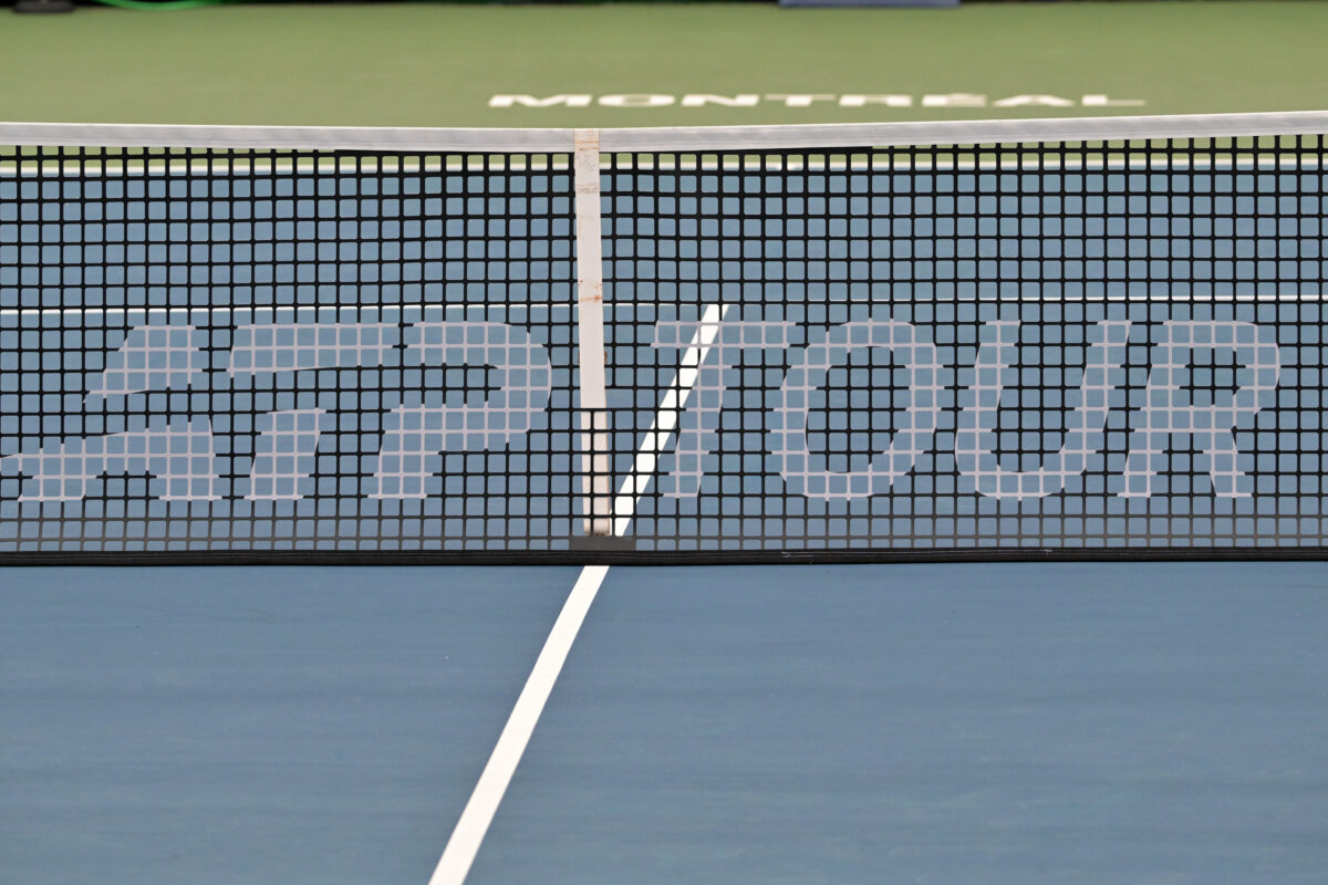 Aug 3, 2026; Montreal, QC], Canada; ATP Tour logo on a net during first round play at IGA Stadium. Mandatory Credit: Eric Bolte-Imagn Images