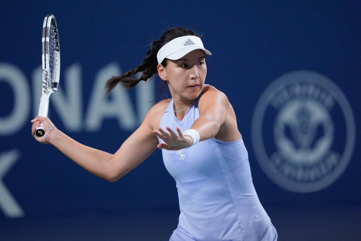 Aug 3, 2026; Toronto, Ontario, Canada; Xinyu Wang (CHN) goes to hit a ball to Daria Kasatkina (not pictured) during first round play at Sobeys Stadium. Mandatory Credit: John E. Sokolowski-Imagn Images