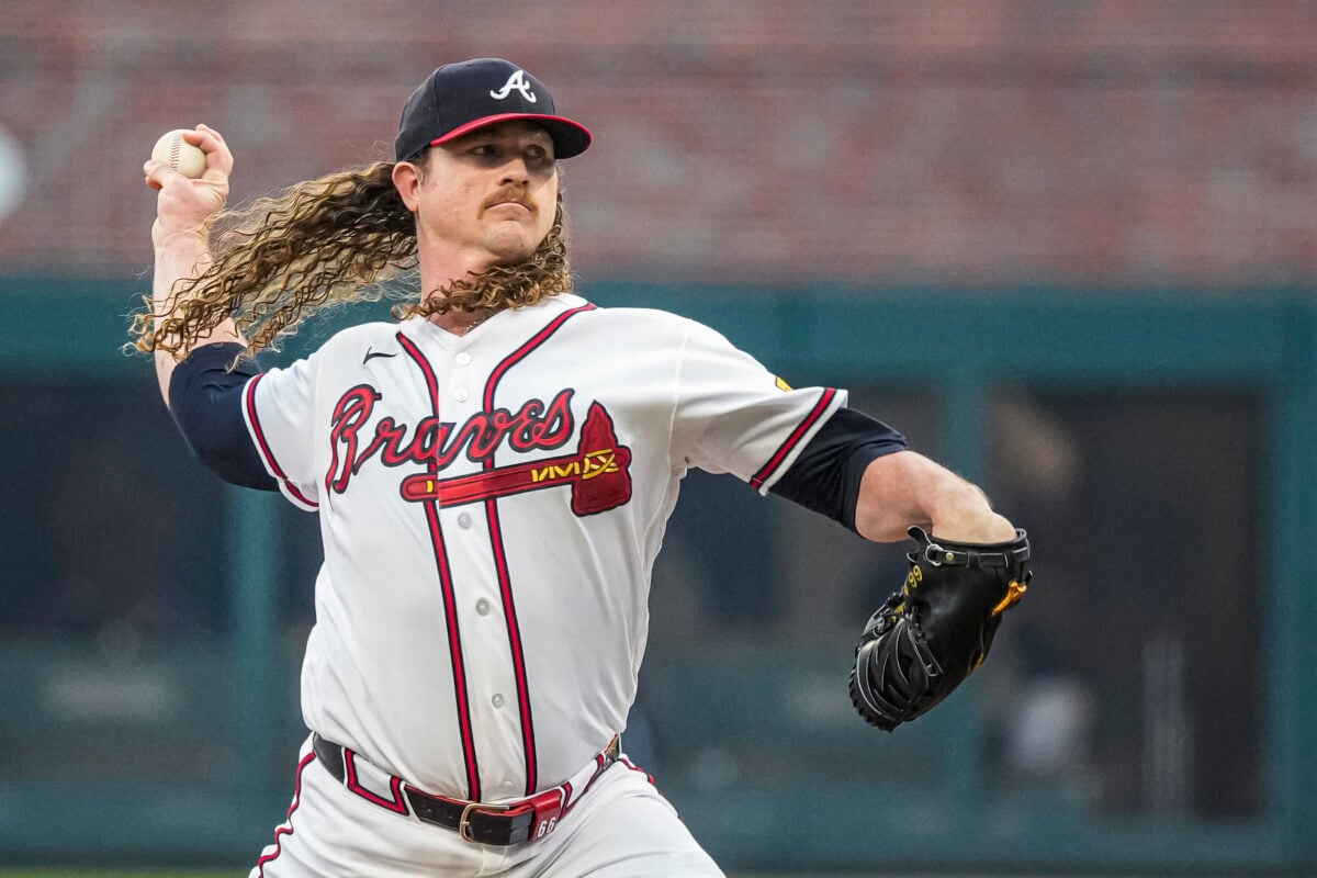 Aug 4, 2026; Cumberland, Georgia, USA; Atlanta Braves pitcher Grant Holmes (66) pitches against the Miami Marlins during the first inning at Truist Park. Mandatory Credit: Dale Zanine-Imagn Images