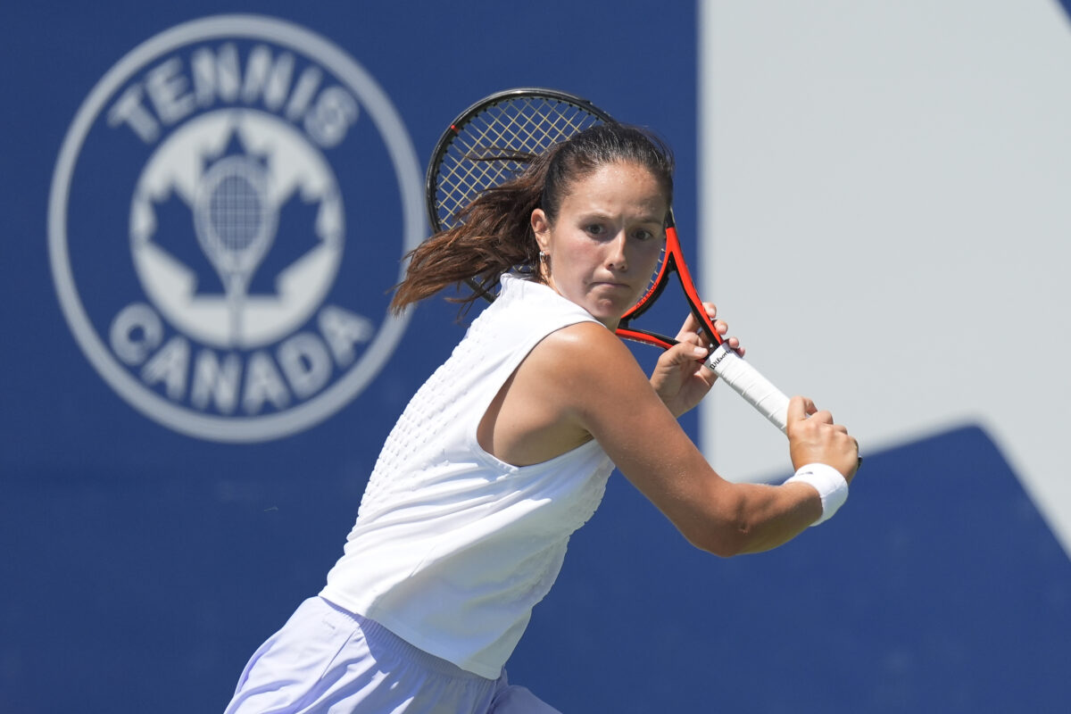 Aug 5, 2026; Toronto, Ontario, Canada; Daria Kasatkina (AUS) chases a ball hit by Elena Rybakina (not pictured) during round two play of the National Bank Open at Sobeys Stadium. Mandatory Credit: John E. Sokolowski-Imagn Images
