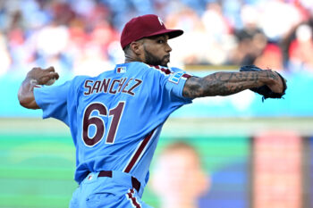 Aug 6, 2026; Philadelphia, Pennsylvania, USA; Philadelphia Phillies pitcher Cristopher Sánchez (61) throws a pitch during the first inning against the Washington Nationals at Citizens Bank Park. Mandatory Credit: Eric Hartline-Imagn Images