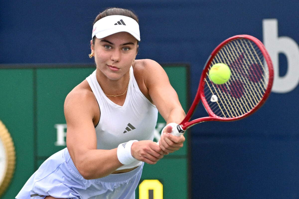 Aug 7, 2026; Toronto, Ontario, Canada; Iva Jovic (USA) plays a shot against Alina Korneeva during third round play at Sobeys Stadium. Mandatory Credit: Dan Hamilton-Imagn Images
