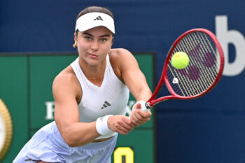 Aug 7, 2026; Toronto, Ontario, Canada;  Iva Jovic (USA) plays a shot against Alina Korneeva during third round play at Sobeys Stadium. Mandatory Credit: Dan Hamilton-Imagn Images