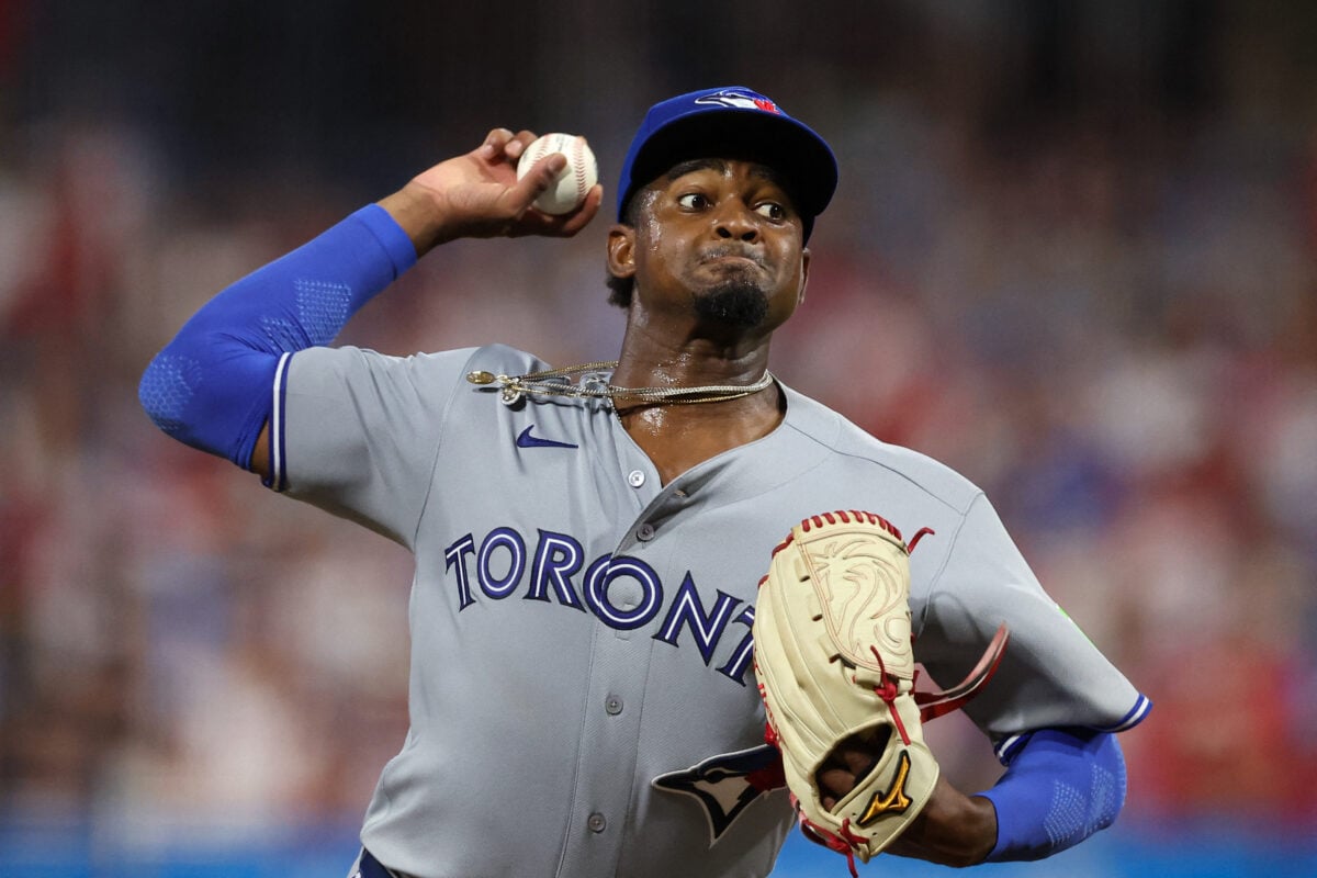 Aug 7, 2026; Philadelphia, Pennsylvania, USA; Toronto Blue Jays pitcher Jose Soriano (40) throws a pitch against the Philadelphia Phillies during the fourth inning at Citizens Bank Park. Mandatory Credit: Bill Streicher-Imagn Images