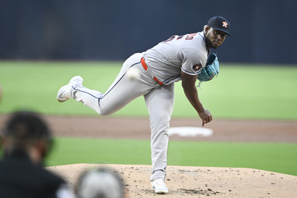 Aug 7, 2026; San Diego, California, USA; Houston Astros pitcher Ronel Blanco (56) delivers during the first inning against the San Diego Padres at Petco Park. Mandatory Credit: Denis Poroy-Imagn Images