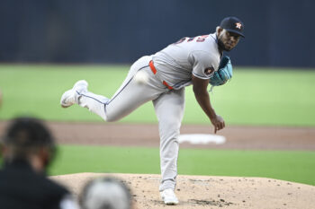 Aug 7, 2026; San Diego, California, USA; Houston Astros pitcher Ronel Blanco (56) delivers during the first inning against the San Diego Padres at Petco Park. Mandatory Credit: Denis Poroy-Imagn Images
